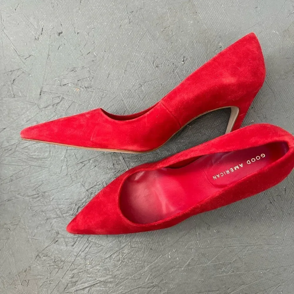 Good American Red Suede Leather The Icon Pointed Toe Pump Stiletto Heel Size 8